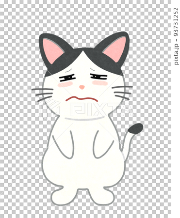 Illustration of a cat with a sleepy face Outline = partial solid line & color Black and white bee cat 93731252