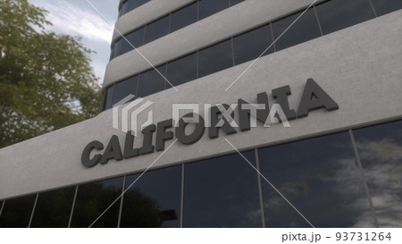 California sign on a modern skyscraper. California building. 3d illustration 93731264