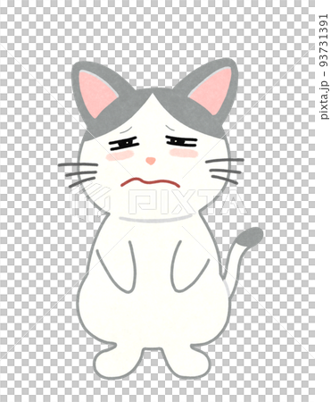 Illustration of a cat with a sleepy face Outline = partial solid line & color White gray bee cat 93731391