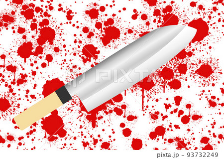 血のついた包丁と血しぶきの背景。殺人、傷害事件のイメージ。 血のついた包丁と血しぶきの背景。殺人、傷害事件のイメージ。 93732249