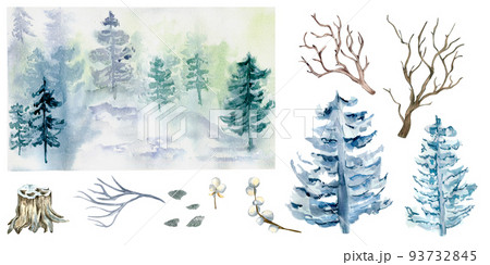 Set of Christmas landscape forest watercolor illustration isolated on white background. Set of Christmas landscape forest watercolor illustration isolated on white background. 93732845