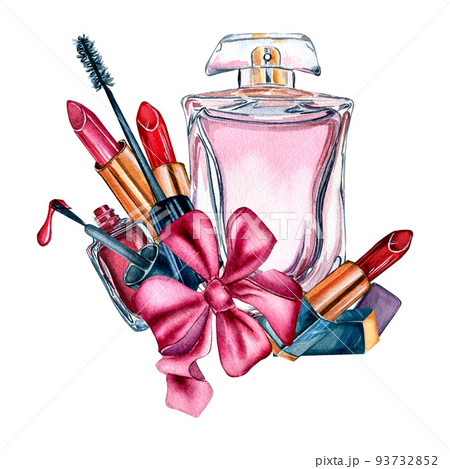 Make up cosmetic, perfume watercolor illustration isolated on white background. Make up cosmetic, perfume watercolor illustration isolated on white background. 93732852