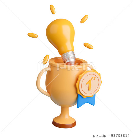 3d rendering trophy with prize badge and light bulb. Concept success idea illustration. 3d rendering trophy with prize badge and light bulb. Concept success idea illustration. 93733814