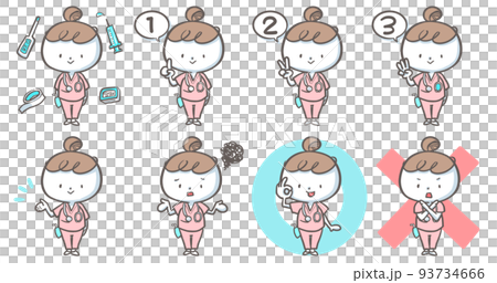 いろんなポーズで説明する看護師　カラーバージョンセット　背景あり 93734666