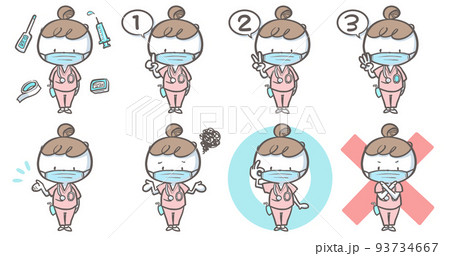 マスクをつけて感染予防するいろんなポーズの看護師　カラーバージョンセット　背景あり 93734667