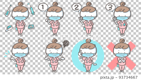 マスクをつけて感染予防するいろんなポーズの看護師　カラーバージョンセット　背景あり 93734667