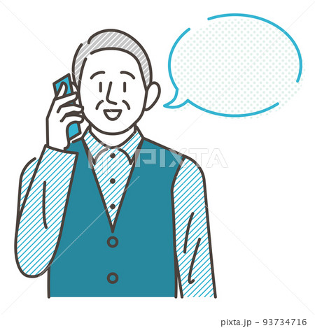 スマホで電話をするシニア男性と吹き出しを正面から描いたベクターイラスト素材 93734716