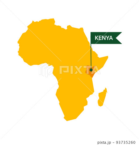 Kenya on an Africa s map with word Kenya on a flag-shaped marker. Vector isolated on white background.