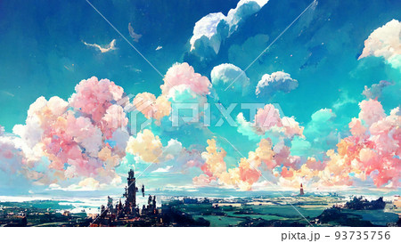 イラスト 絵画 雲 城 ファンタジー 天空 青空のイラスト素材