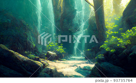 絵画 イラスト 森 泉 滝 自然 緑 ファンタジーのイラスト素材