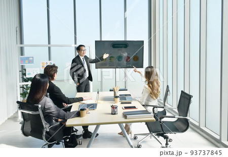 Asian business man presenting work on television screen with woman looking at computer laptop in office meeting room Asian business man presenting work on television screen with woman looking at computer laptop in office meeting room 93737845