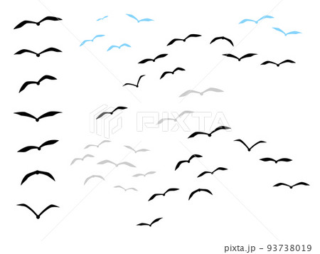 正面から見た飛ぶ鳥の群れのシルエット イラスト素材セットのイラスト素材
