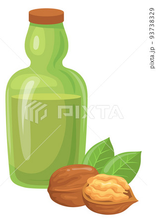 Walnut oil bottle. Cartoon nut. Natural food Walnut oil bottle. Cartoon nut. Natural food 93738329
