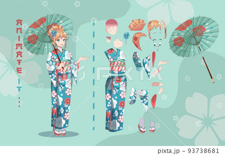 Anime girl in kimono with umbrella characters for animation 93738681