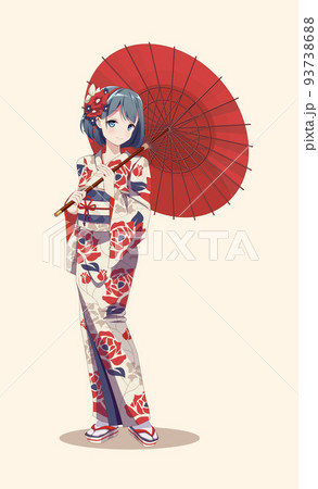 Anime manga girls in kimono holding paper umbrella Anime manga girls in kimono holding paper umbrella 93738688