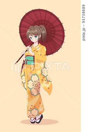 Anime manga girls in kimono holding paper umbrella 93738689