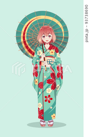 Anime manga girls in kimono holding paper umbrella Anime manga girls in kimono holding paper umbrella 93738690