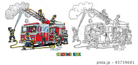 Firefighters near a fire truck. Coloring bookのイラスト素材 [93739681] - PIXTA