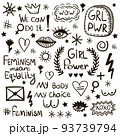 Feminist symbols vector icons set. Handwritten lettering on the topic of women's activism. Black and white feminism icon 93739794