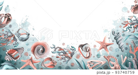 Horizontal frame with shells, algae, corals and bubbles. Watercolor illustration. Board from a large set of WHALES. For registration and design of certificates, invitations, websites, decor. Horizontal frame with shells, algae, corals and bubbles. Watercolor illustration. Board from a large set of WHALES. For registration and design of certificates, invitations, websites, decor. 93740759