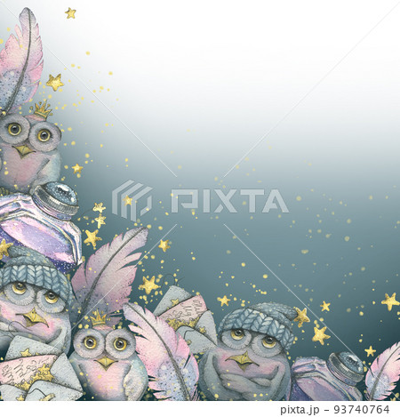 Corner frame with magic words, pens and letters. Winter Christmas, New Year's illustration. Watercolor composition. For the design, decoration of postcards, posters, souvenirs, invitations, wallpapers 93740764