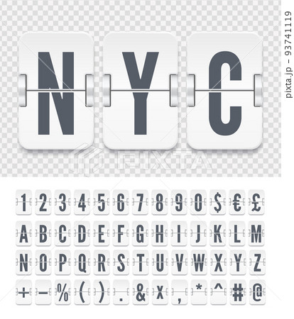 Narrow white flip board font for flight departure or arrival information. Airport terminal mechanical scoreboard alphabet to display destination and timetable vector illustration Narrow white flip board font for flight departure or arrival information. Airport terminal mechanical scoreboard alphabet to display destination and timetable vector illustration 93741119