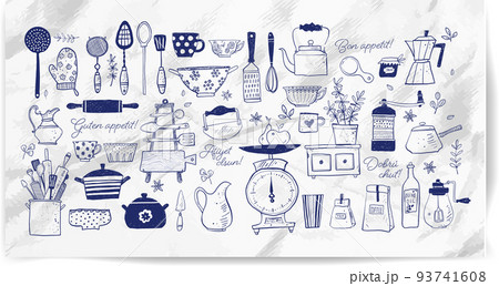 Big set of kitchen doodle sketch utensils hand-drawn with ink on paper. Cups, teapots, pots. bottles. chopping boards ets. Inscription Bon appetit in different languages Big set of kitchen doodle sketch utensils hand-drawn with ink on paper. Cups, teapots, pots. bottles. chopping boards ets. Inscription Bon appetit in different languages 93741608