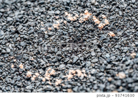 Macro of hail damage on a shingle residential roof circled with a chalk outline during a home inspection. 93741630