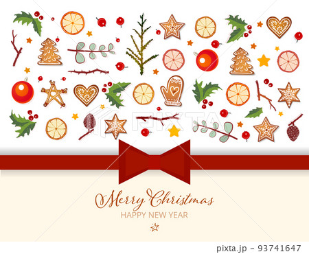 Christmas greeting card with holidays elements on white background. Gingerbreads, oranges, red berries and christmas balls. 93741647