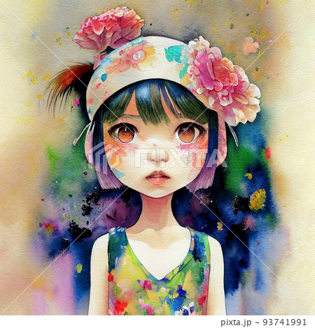Watercolor little girl with flowers. Pretty young woman 93741991