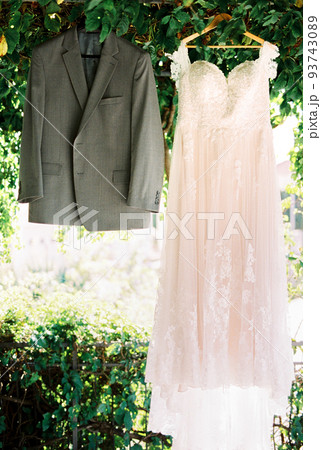 Bride dress and the groom jacket hang on hangers in the garden under a tree 93743089