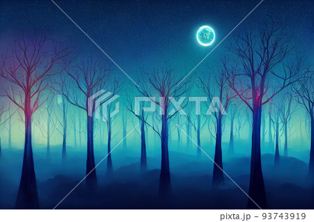 Illustration fantasy of neon forest. Glowing colorful look like fairytale. Illustration fantasy of neon forest. Glowing colorful look like fairytale. 93743919