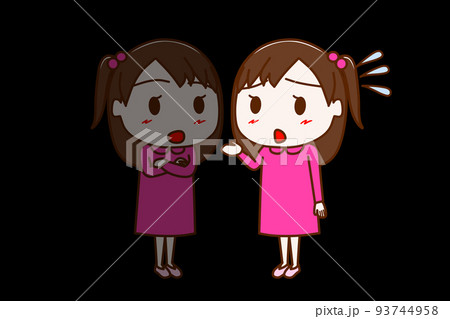 （全身斜め）自分の心、自分自身に語り掛けて相談する少女 93744958