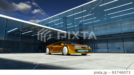 Electric sports car parked in the center of modern glass facade walls building 93746073