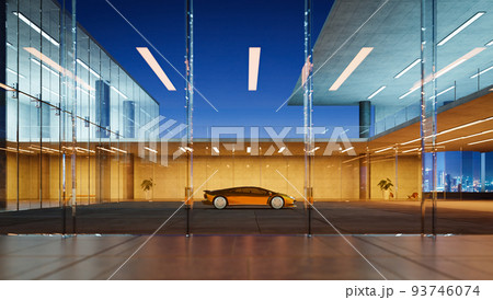 Electric sports car parked in the center of modern glass facade walls building 93746074