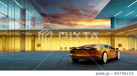 Electric sports car parked in the center of modern glass facade walls building Electric sports car parked in the center of modern glass facade walls building 93746152