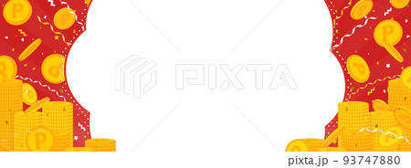 山積みのコインと紙吹雪、テープの舞い散る赤色背景／もくもくしたフレーム（バナー向け横長） 93747880