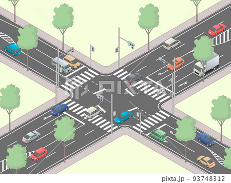 アイソメトリック図法で描いた日本の信号交差点イメージ[E]（緑地） 93748312
