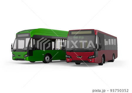 Generic green and red city buses from the front left side, 3D Illustration of isolated model on the white background. 93750352