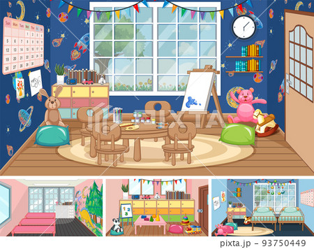 Set of different kindergarten classroom scenes Set of different kindergarten classroom scenes 93750449