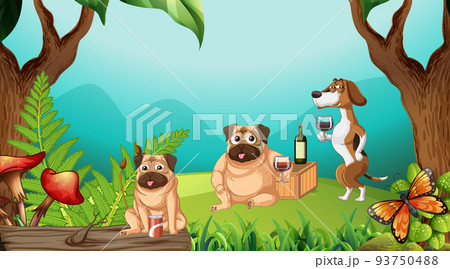Outdoor park scene with many dogs and camels 93750488