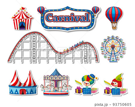 Sticker set of amusement park objects and cartoon characters Sticker set of amusement park objects and cartoon characters 93750605