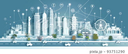 Technology wireless network communication smart city with architecture landmarks Hong kong. 93751290