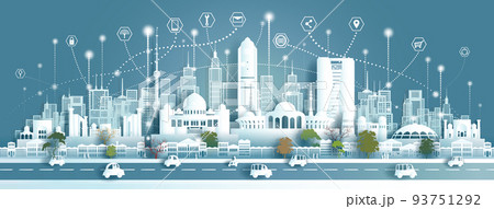 Technology wireless network communication smart city with architecture landmarks Uzbekistan. 93751292