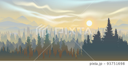 Vector panoramic landscape of forest in sunset with silhouettes of pine trees. Vector panoramic landscape of forest in sunset with silhouettes of pine trees. 93751698