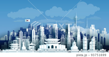 Travel landmark of Korea skyline in silhouette vector isolated cityscape. Travel landmark of Korea skyline in silhouette vector isolated cityscape. 93751699