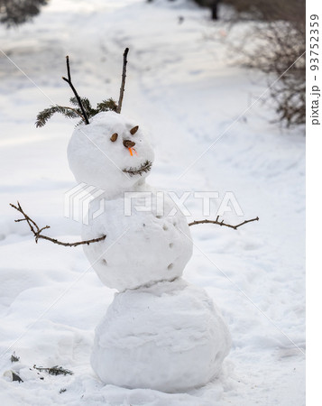 Funny snowman in winter park. Winter landscape with snowman 93752359