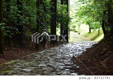 三島市 箱根旧街道西坂(腰巻地区)石畳とハイカーと新緑 三島市 箱根旧街道西坂(腰巻地区)石畳とハイカーと新緑 93752791