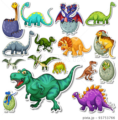 Sticker set of different dinosaurs cartoon 93753766