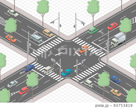 アイソメトリック図法で描いた信号交差点のイメージ[F]（マス目地） 93753819